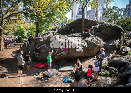 Bouldering enthusiasts on Rat Rock in Central Park in New York on Saturday, August 31, 2019. (© Richard B. Levine) Stock Photo