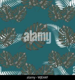 Tropical leaf design featuring navy Palm and blue Monstera plant leaves on a pink background. Seamless pattern. Stock Vector