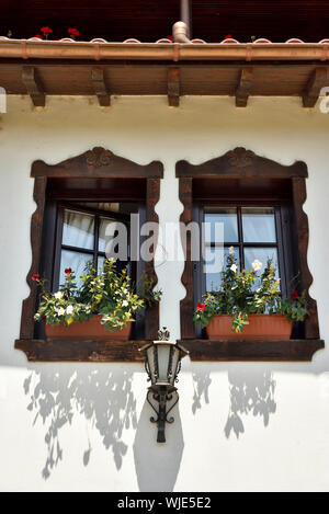 Traditional window in the oldest street in Veliko Tarnovo, General Gurko street, with charming old houses. Veliko Tarnovo, Bulgaria Stock Photo