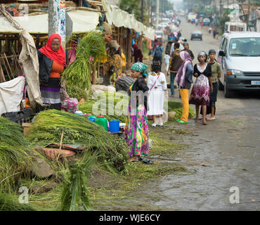 ADDIS ABABA, ETHIOPIA-SEPTEMBER 10, 2017: Unidentified merchants sell aromatic grasses for the coffee ceremony during the Ethiopian New Year. Stock Photo