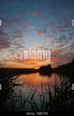 Altocumulus clouds over a pond in the Dutch countryside are beautifully colored by the orange and purple light of the setting sun Stock Photo