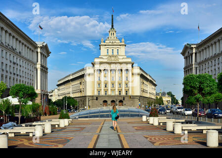 The building of the former Communist Party Headquarters and the glass cover of the ruins of Serdica, Sofia, Bulgaria Stock Photo