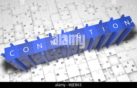 Connection - puzzle 3d render illustration with text on blue jigsaw pieces stick out of white pieces Stock Photo