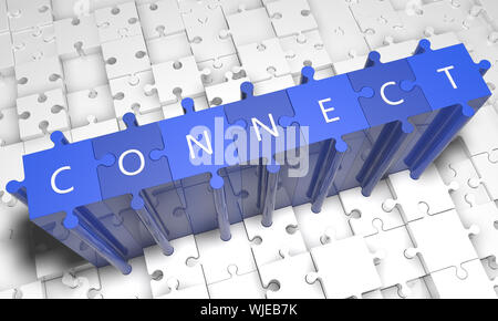 Connect - puzzle 3d render illustration with text on blue jigsaw pieces stick out of white pieces Stock Photo