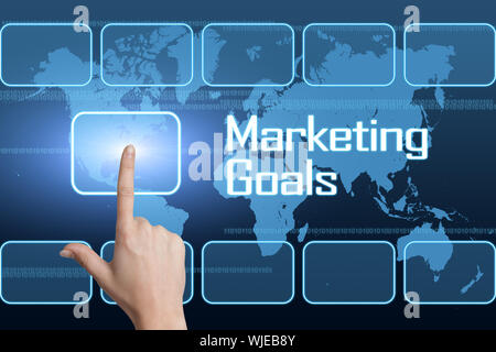 Marketing Goals concept with interface and world map on blue background Stock Photo