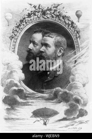 Head-and-shoulders portrait of French balloonists Albert Tissandier (left) and Gaston Tissandier (right) inside an oval, with vignettes above of balloons Zenith and Jean Bart and an airship below Stock Photo