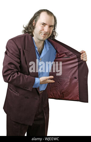 Photo of a sleazy drug dealer showing you what he has in his jacket.  Add your own drugs, merchandise, or whatever your vice my be. Stock Photo
