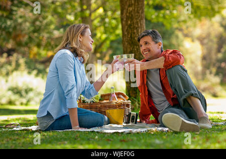 Happy middle aged couple enjoying a picnic in a park. Stock Photo