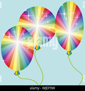 three rainbow colored balloons with sparkles on a blue background Stock Photo