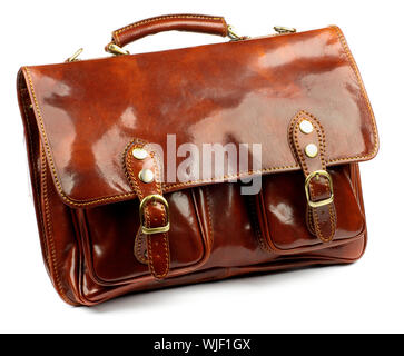 Ginger Shiny Leather Old Fashioned Briefcase with Gold Details and Fasteners isolated on white background Stock Photo