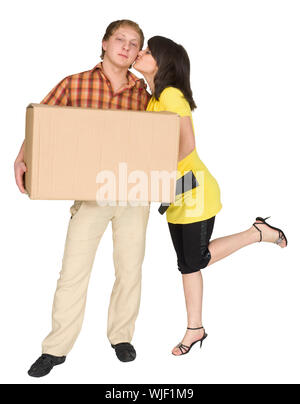 The girl kisses the guy holding a box Stock Photo