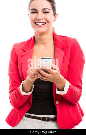 Business woman texting someone, isolated over a white background Stock Photo