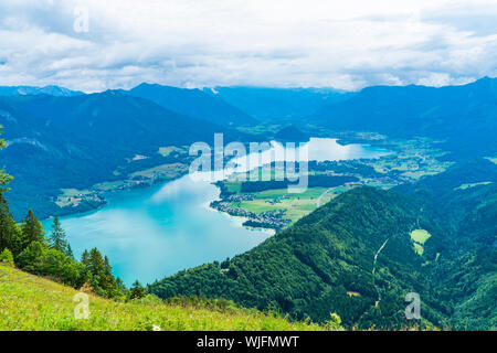 View of Wolfgangsee lake and surrounding mountains from Zwolferhorn mountain in Salzkammergut region, Austria Stock Photo