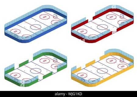 Set of multi-colored hockey arenas in isometric isolated on a white background. Vector illustration. Stock Vector