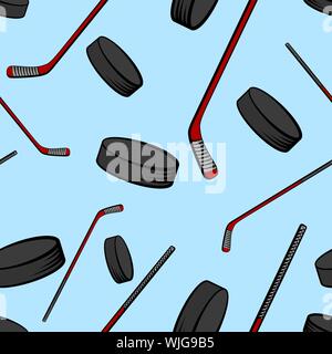 Hockey seamless pattern with sticks and pucks, vector illustration. Stock Vector