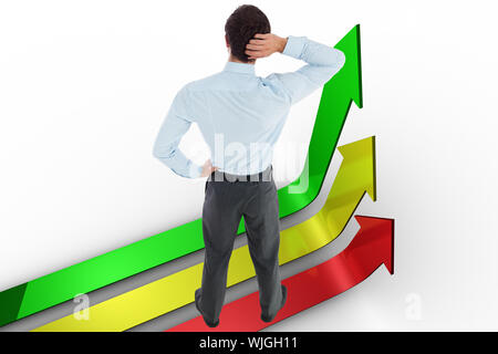 Thinking businessman scratching head against colourful arrows pointing up Stock Photo