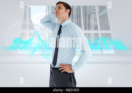 Thinking businessman with hand on head against abstract design in blue Stock Photo