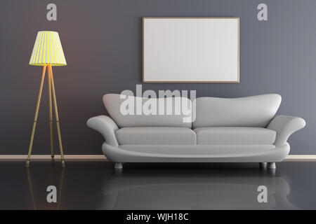 3D rendered Illustration of a interior with a blank picture frame against the wall. Stock Photo
