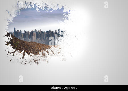 Splash on wall revealing cityscape Stock Photo