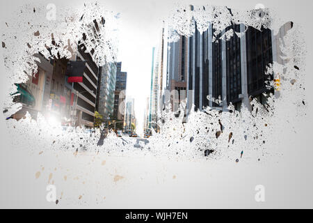 Splash on wall revealing cityscape Stock Photo