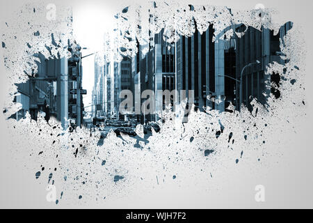 Splash on wall revealing cityscape Stock Photo