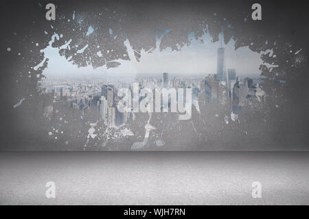 Splash on wall revealing cityscape Stock Photo