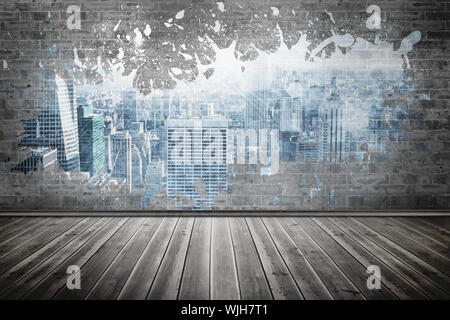 Splash on wall revealing city Stock Photo
