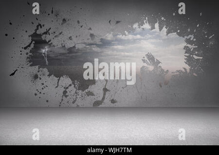 Splash on wall revealing desert landscape Stock Photo