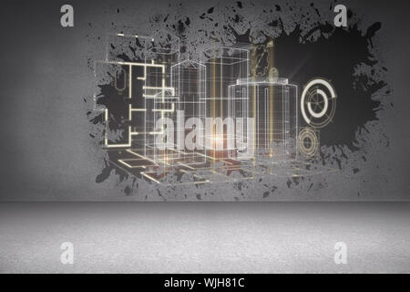Splash on wall revealing technology interface Stock Photo