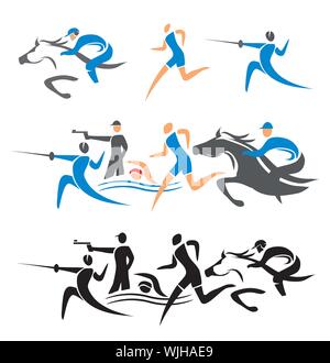 Modern pentathlon icons. Set of colorful  sport symbols. Isolated on white background. Vector available. Stock Vector