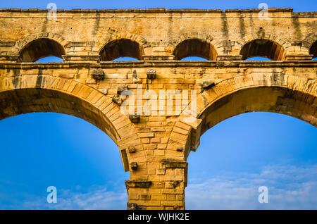 Detail of Pont du Gard aquaduct bridge pillars, France Stock Photo