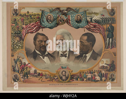 Heroes of the colored race Abstract: Print shows head-and-shoulders portraits of Blanche Kelso Bruce, Frederick Douglass, and Hiram Rhoades Revels surrounded by scenes of African American life and portraits of Jno. R. Lynch, Abraham Lincoln, James A. Garfield, Ulysses S. Grant, Joseph H. Rainey, Charles E. Nash, John Brown, and Robert Smalls. Stock Photo