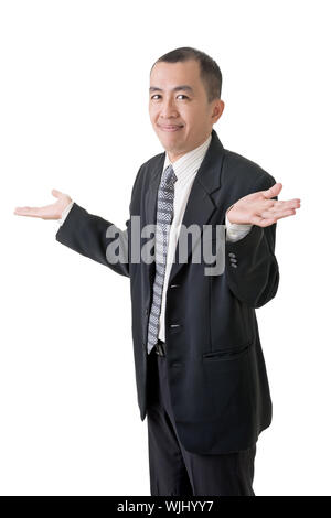 Mature businessman give you a gesture of helpless, closeup portrait on white background. Stock Photo