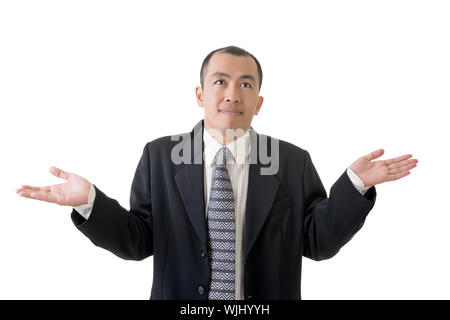 Mature businessman give you a gesture of helpless, closeup portrait on white background. Stock Photo