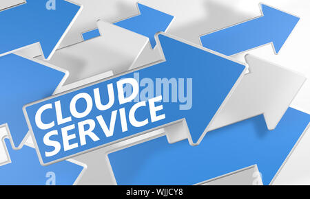Cloud Service 3d render concept with blue and white arrows flying over a white background. Stock Photo