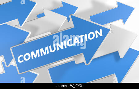 Communication 3d render concept with blue and white arrows flying over a white background. Stock Photo