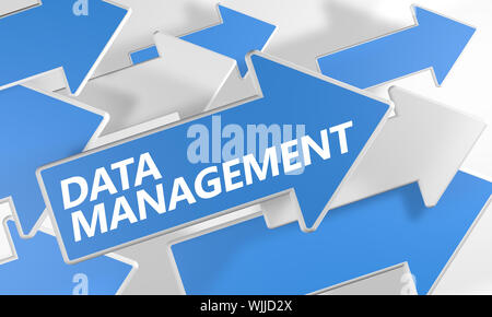 Data Management 3d render concept with blue and white arrows flying over a white background. Stock Photo