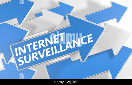 Internet surveillance 3d render concept with blue and white arrows flying over a white background. Stock Photo