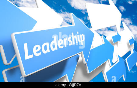 Leadership 3d render concept with blue and white arrows flying in a blue sky with clouds Stock Photo