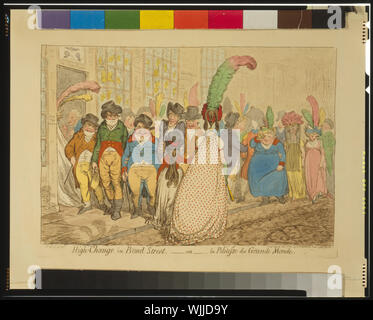 High-change in Bond Street, - ou- la Politesse du Grande Monde; Fashionably dressed pedestrians on Bond Street. In the foreground, five men crowd a woman and girl off the sidewalk as they leer at them. The women, seen from the back, are oddly dressed. In the background, three ladies, also in exaggerated costumes, walking arm-in-arm in the roadway. Stock Photo