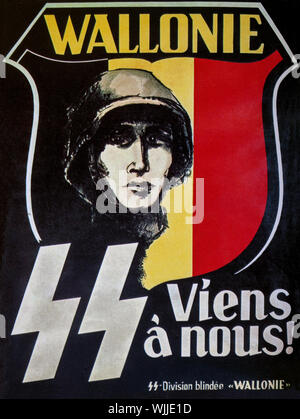 A World War Two recruiting poster produced by the Belgian  SS, aka the Walloon Legion, a collaborationist military formation recruited among French-speaking volunteers from German-occupied Belgium, notably from Brussels and Wallonia, during World War II.  Created in July 1941 shortly after the German invasion of the Soviet Union, the unit was supported by the Rexist Party as a demonstration of its loyalty towards Nazi Germany. It served on the Eastern Front, initially as a unit of the Wehrmacht and, after June 1943, in the Waffen-SS. Stock Photo