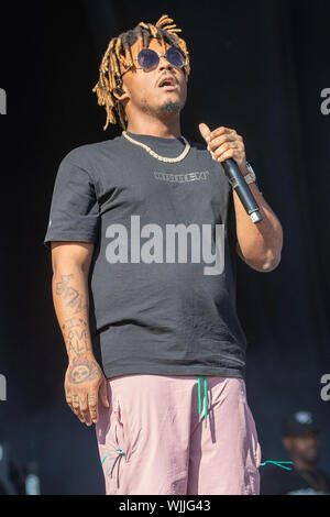 Leeds, UK. Saturday 24 August 2019. Jarad A. Higgins, better known by his stage name Juice Wrld, is an American singer, songwriter, and rapper performing at Leeds Festival. The annual rock music festival Attended by 75,000, Taking place over August bank holiday weekend.   Credit: Jason Richardson/Alamy Live News Stock Photo