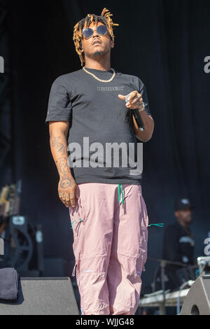 Leeds, UK. Saturday 24 August 2019. Jarad A. Higgins, better known by his stage name Juice Wrld, is an American singer, songwriter, and rapper performing at Leeds Festival. The annual rock music festival Attended by 75,000, Taking place over August bank holiday weekend.   Credit: Jason Richardson/Alamy Live News Stock Photo