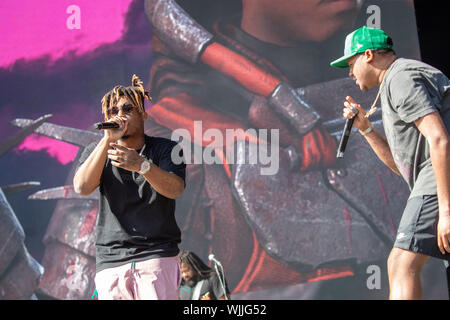 Leeds, UK. Saturday 24 August 2019. Jarad A. Higgins, better known by his stage name Juice Wrld, is an American singer, songwriter, and rapper performing at Leeds Festival. The annual rock music festival Attended by 75,000, Taking place over August bank holiday weekend.   Credit: Jason Richardson/Alamy Live News Stock Photo