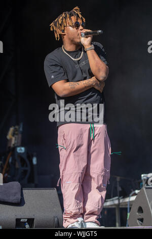 Leeds, UK. Saturday 24 August 2019. Jarad A. Higgins, better known by his stage name Juice Wrld, is an American singer, songwriter, and rapper performing at Leeds Festival. The annual rock music festival Attended by 75,000, Taking place over August bank holiday weekend.   Credit: Jason Richardson/Alamy Live News Stock Photo