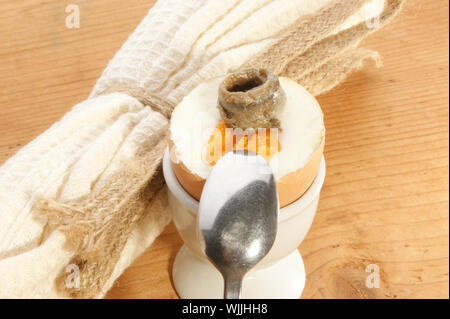 boiled egg with anchovy and a spoon Stock Photo