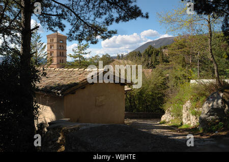 Santa Scholastica's Benedictine Monastery - External view with the bell tower from a path - Subiaco (Rome) Italy Stock Photo