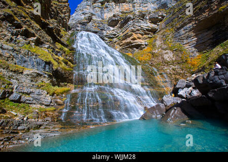 Cascada Cola de Caballo waterfall under Monte Perdido at Ordesa Valley Aragon Huesca Pyrenees of Spain Stock Photo