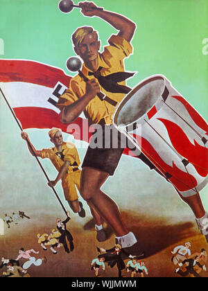 A German propaganda poster of the 1930s illustrating the National Socialist, young Nazi movement that later became Hitler Youth. Its origins dated back to 1922.  From 1933 until 1945, it was the sole official youth organisation in Germany and was partially a paramilitary organisation; it was composed of the Hitler Youth proper for male youths aged 14 to 18. Minature Communists and Socialists can be seen fleeing from their feet. Stock Photo