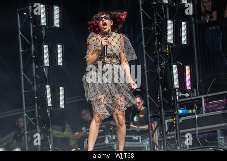 Leeds, UK. Saturday 24 August 2019. Charlotte Emma Aitchison, known professionally as Charli XCX, she is an English singer, songwriter, music video director and record executive performing at Leeds Festival. The annual rock music festival Attended by 75,000, Taking place over August bank holiday weekend.   Credit: Jason Richardson/Alamy Live News Stock Photo